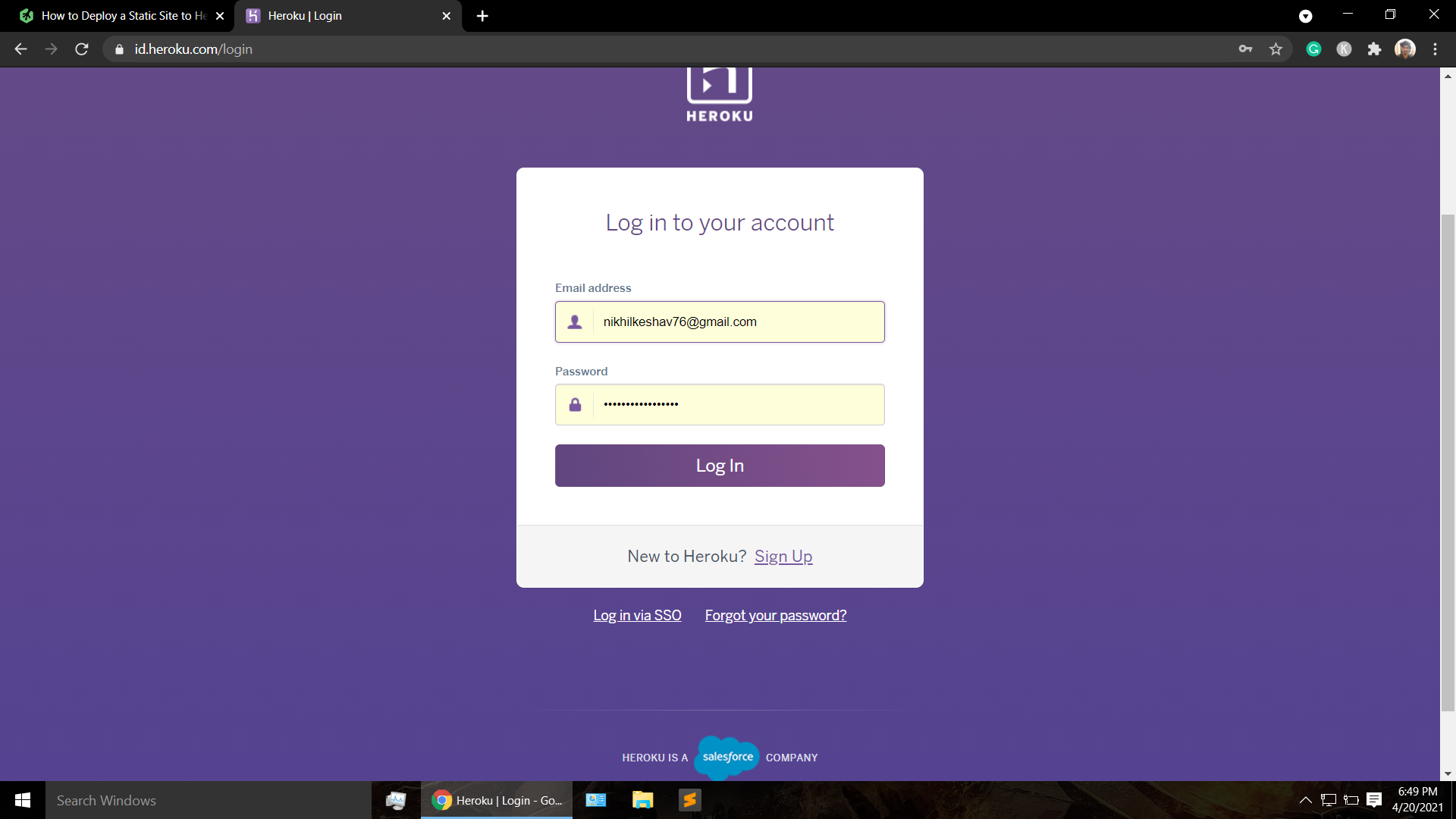 heroku login page to host a website